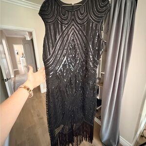Black Sequin Fringe Sleeveless Party Dress